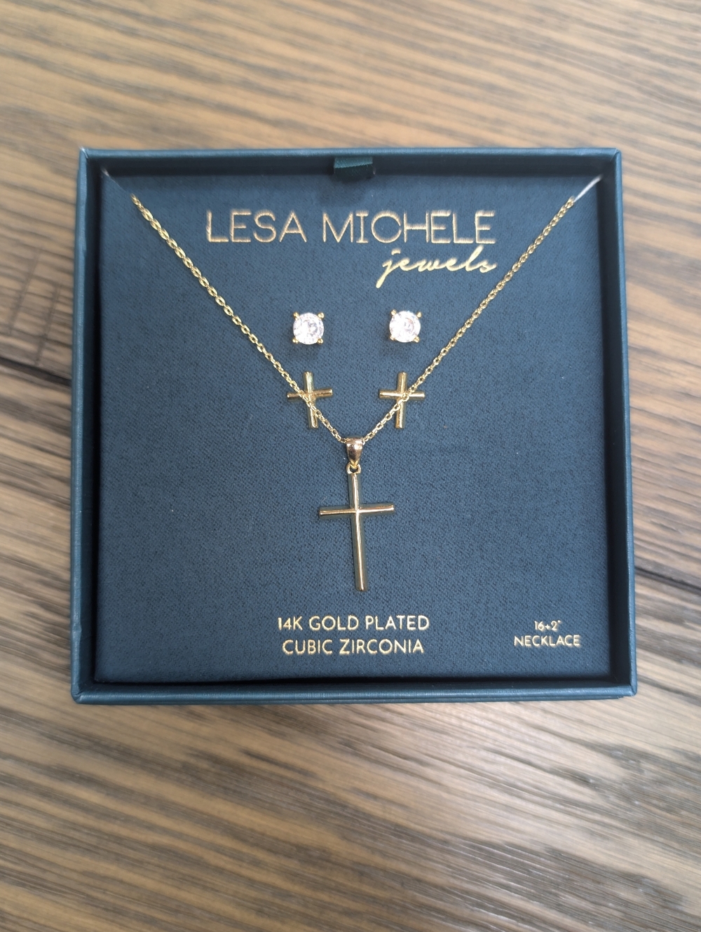 Lesa Michele Gold Cross Necklace Set + 2 Earrings CZ & Cross NWT - Picture 5 of 8